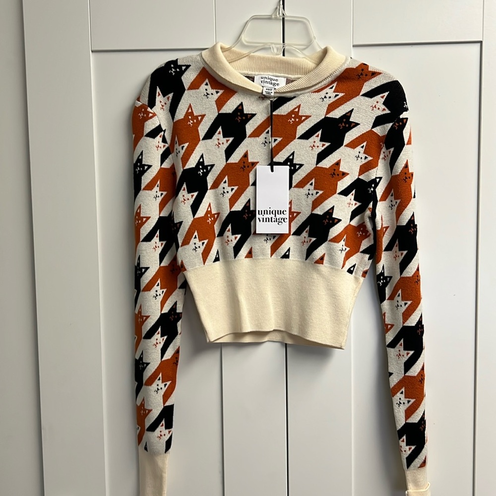 NEW Unique Vintage Ivory/Burnt Orange/Black Cropped Sweater Size XS/2